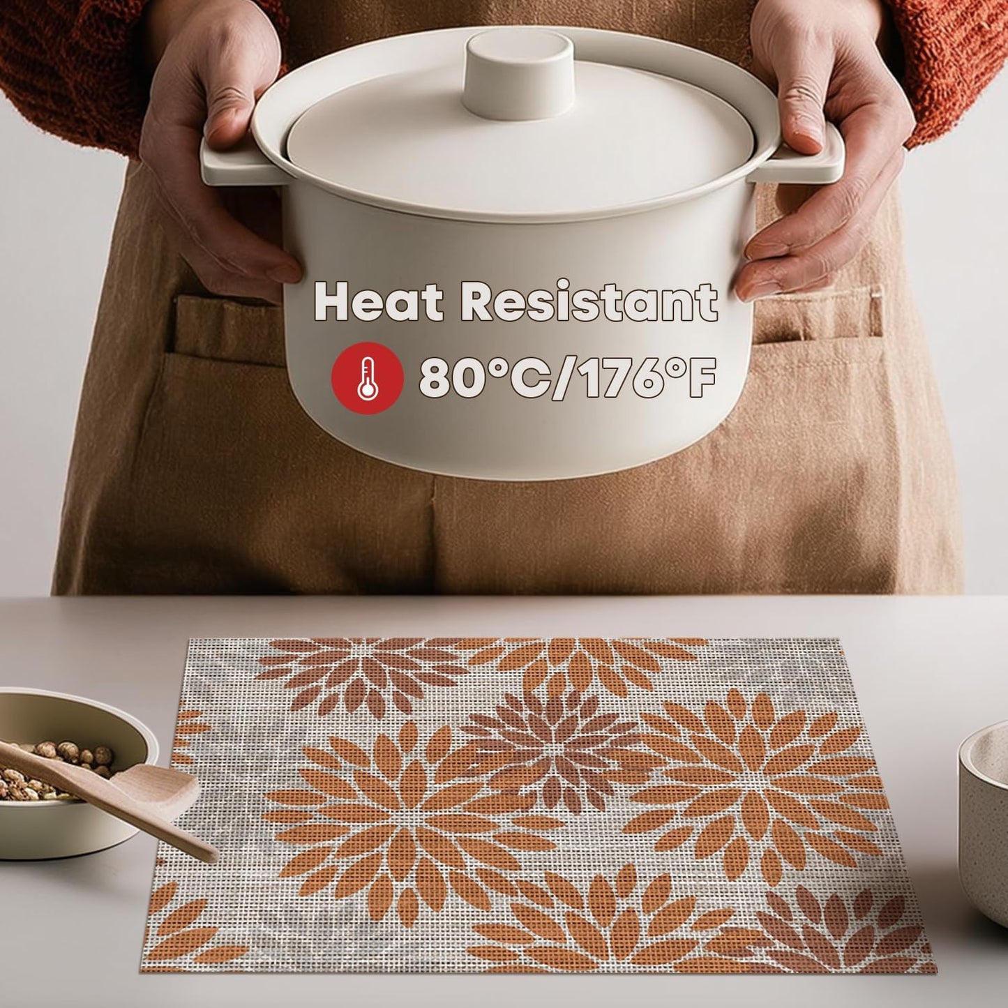 Artoid Mode Floral Vinyl Fall Placemats Set of 4, 12x18 Inch Thanksgiving Vintage Washable Non-Slip Plastic Place Mats for Party Kitchen Dining Decor, Orange