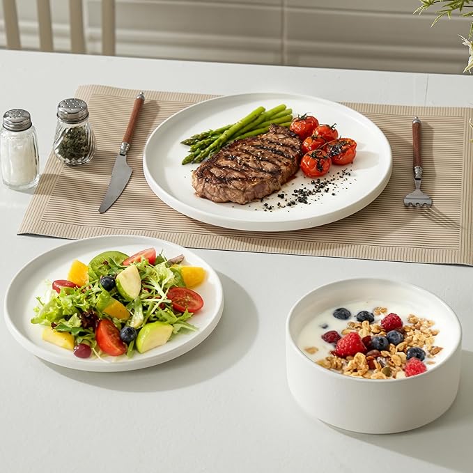 24 Piece Ceramic Dinnerware Set for 8, Modern Minimalist Stoneware Dinner Plates and Bowls, Microwave Safe, Dishwasher Safe, Versatile for All Seasons, Matte White