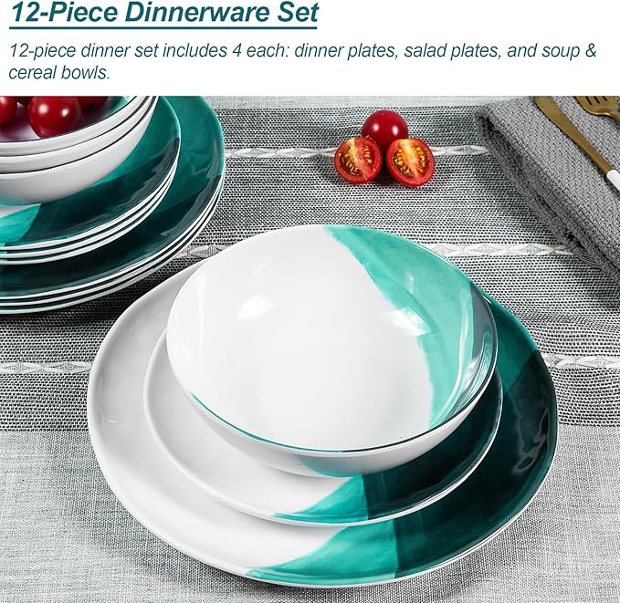 Melamine Plates and Bowls Set - 12pcs Dinnerware Dishes Set for 4, Dinner Plates for Indoor and Outdoor Use, Lightweight Break-resistant, Green & White