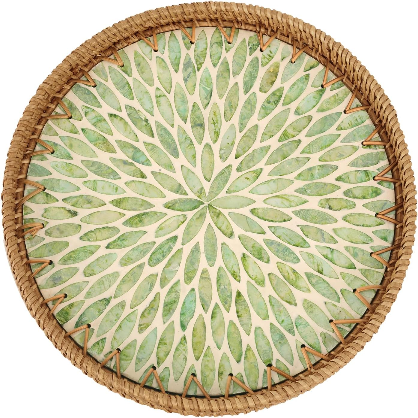 Round Rattan Tray with Mother of Pearl Inlay, Rattan Serving Tray for Coffee, Bread, Fruits, Decorative Wicker Tray for Table Decor, Home Decor, Kitchen Island Decor (Green Leaf, 11.8")