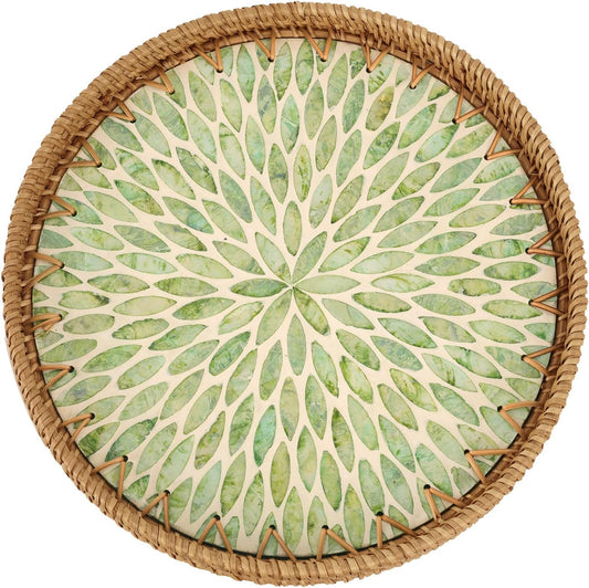 Round Rattan Tray with Mother of Pearl Inlay, Rattan Serving Tray for Coffee, Bread, Fruits, Decorative Wicker Tray for Table Decor, Home Decor, Kitchen Island Decor (Green Leaf, 11.8")