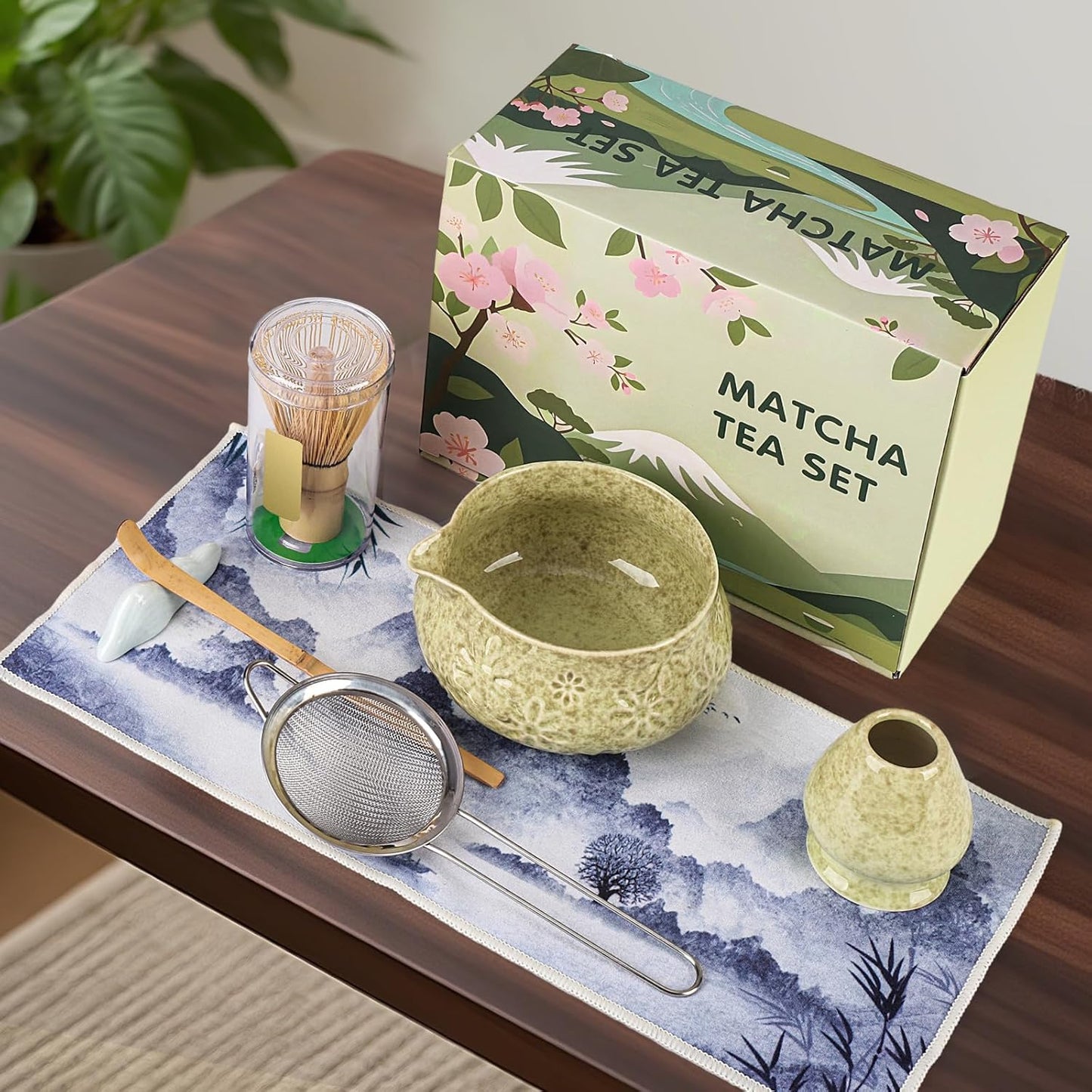 Matcha Whisk Set, 7 Pcs Matcha Kit Includes Matcha Bowl, Whisk and Holder, Bamboo Scoop, Scoop Rest, Sifter and Tea Towel, Gift for Matcha Lover (Mottled Green)