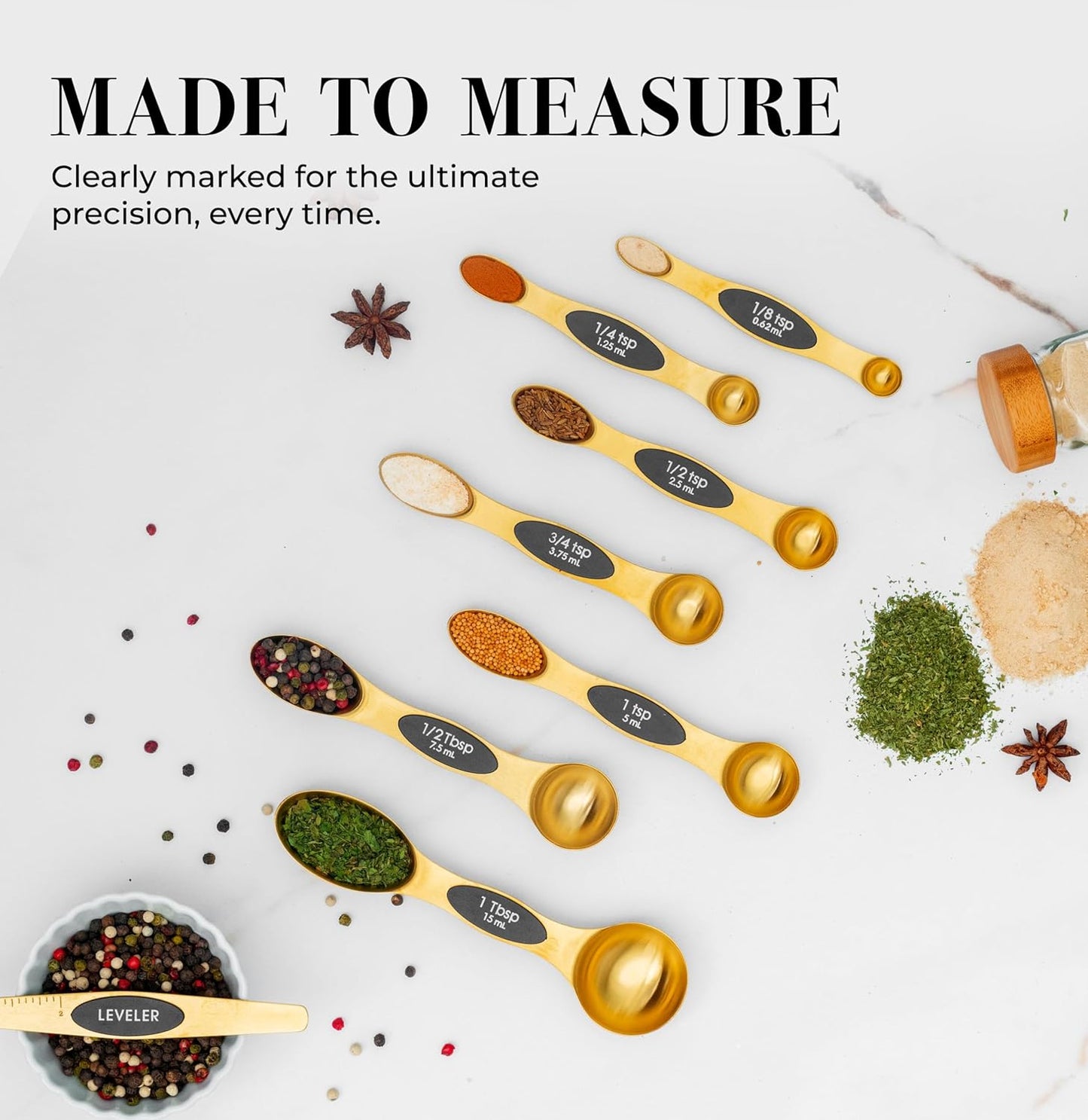 Magnetic Measuring Spoons Set – Stainless Steel Gold Measuring Spoons for Cooking and Baking – Cute and Durable Gold Kitchen Accessories - Great for Gifting