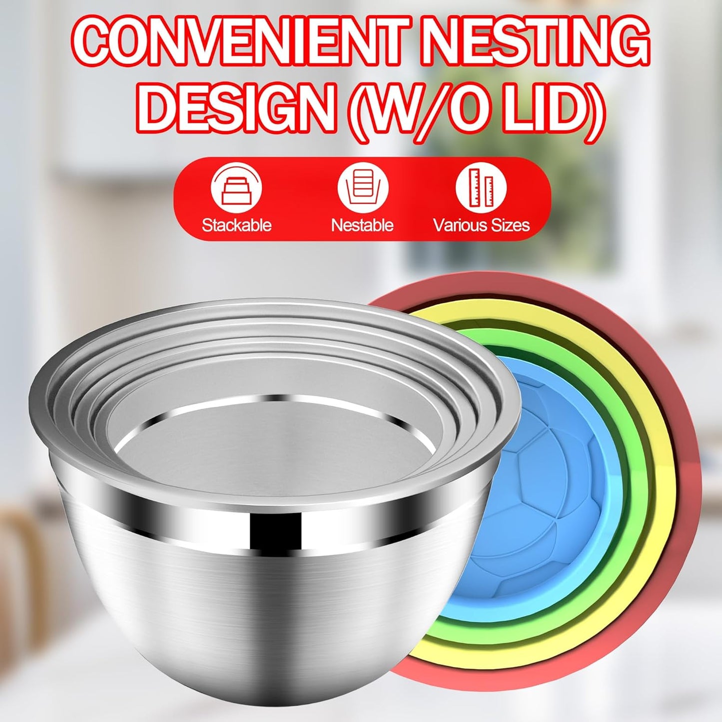 Mixing Bowls with Strainer, Mixing Bowl with Lids Set, Stainless Steel Mixing Bowls, Kitchen Gadgets 2025 Salad Bowls with Strainer for Mixing & Preping & Baking, Multicolor