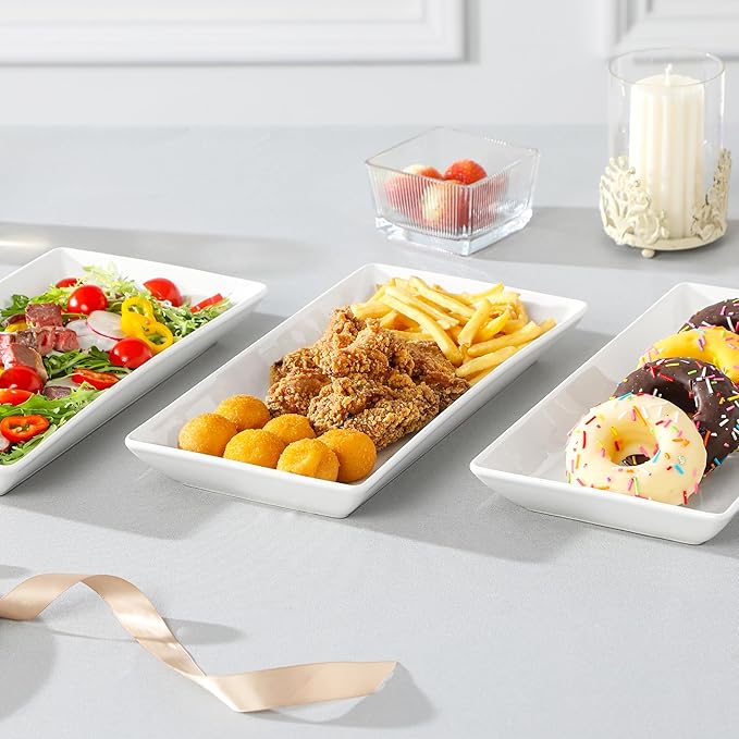 MALACASA 3 Tier Serving Trays for Party, 12 Inch Porcelain White Trays for Serving Food, Dessert Stand with Collapsible Gold Metal Rack