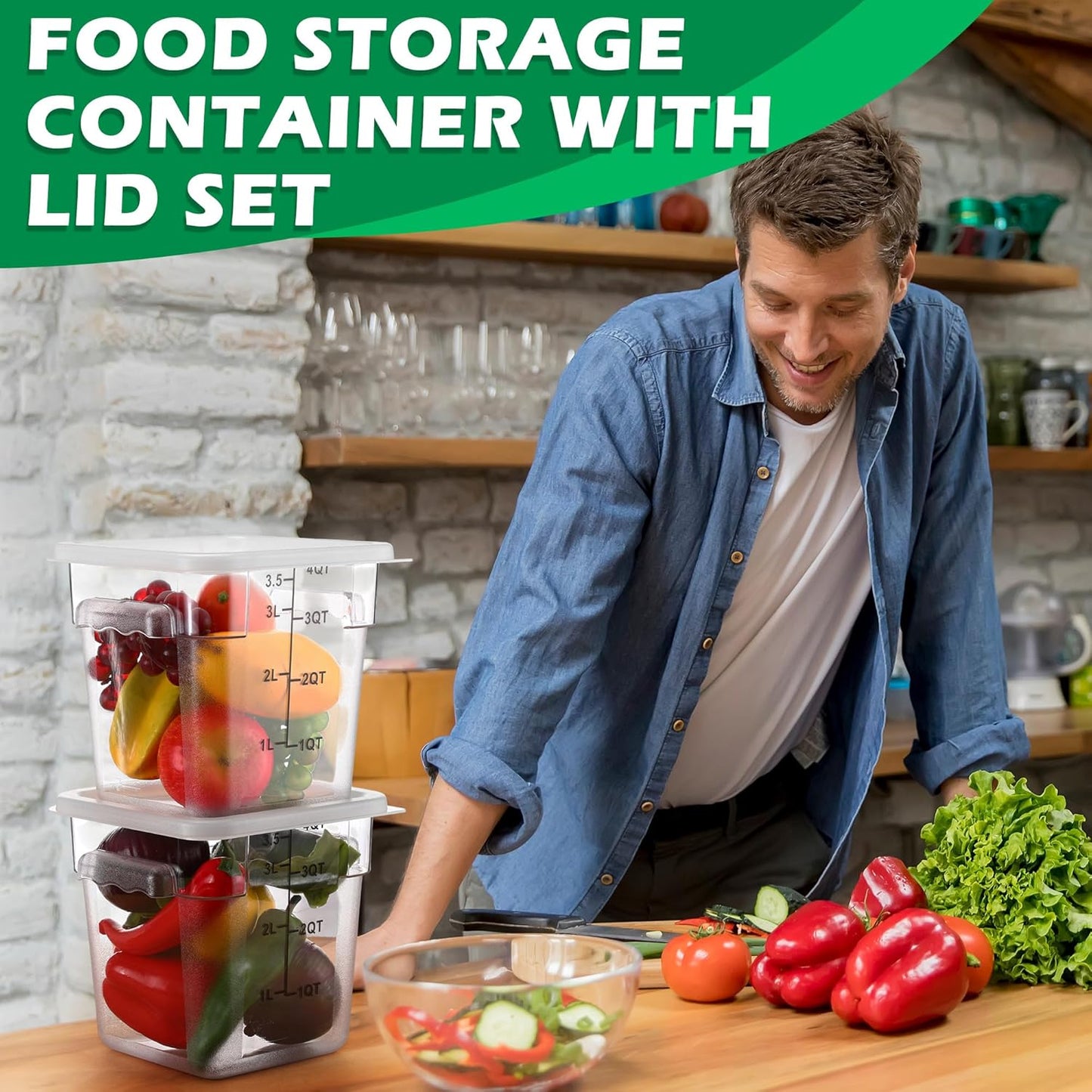 Yungyan 6 Pcs Commercial Clear Food Storage Containers 4 Qt Square Acrylic Airtight Food Storage Containers with Lids for Kitchen Restaurant Pantry Freezer Flour Sugar (White)