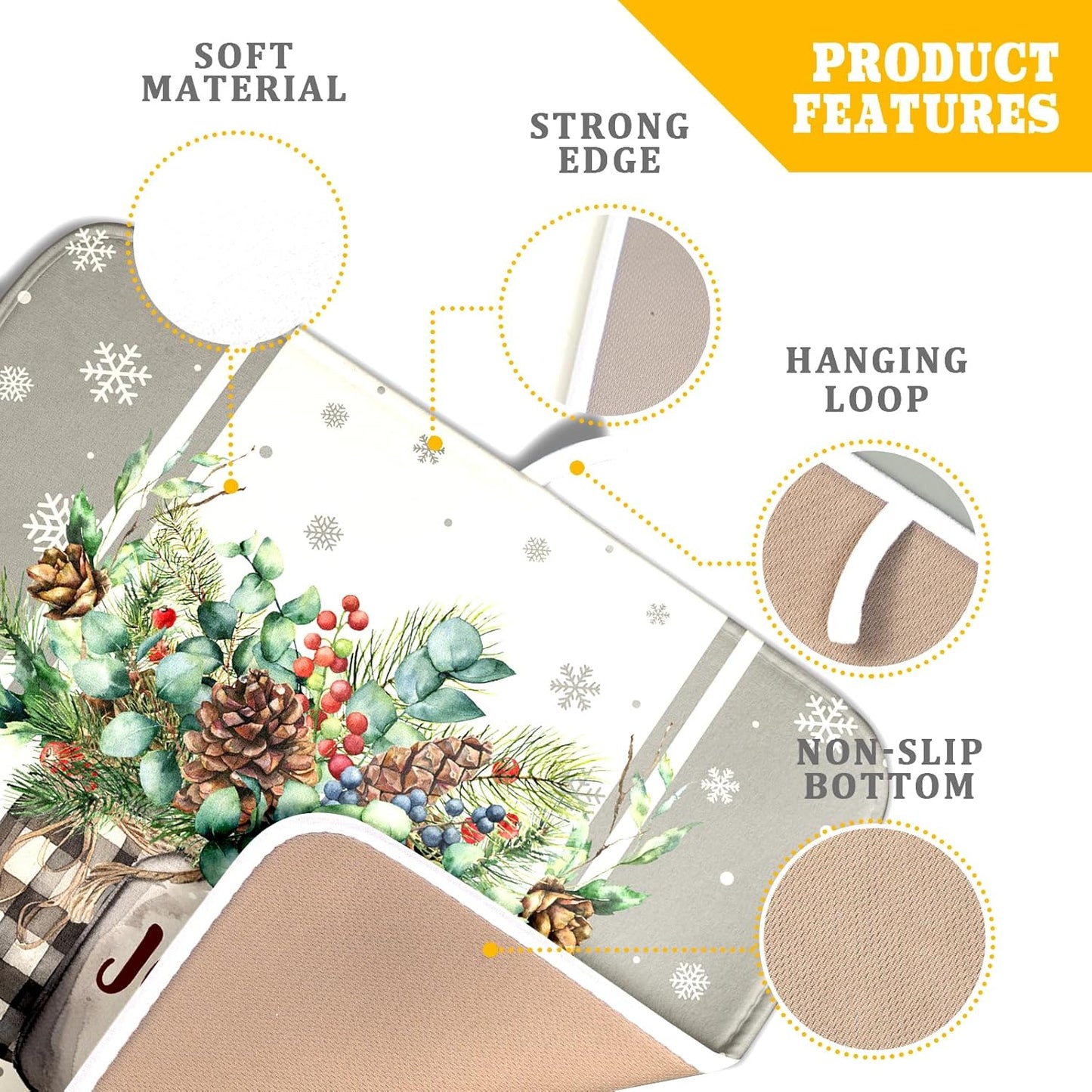 Winter Christmas Dish Drying Mat 16x18 for Kitchen Counter Xmas Joy Poinsettia Flower Berry Snowflake Absorbent Microfiber Fast Dry Dishes Draining Mats Holiday Kitchen Decor