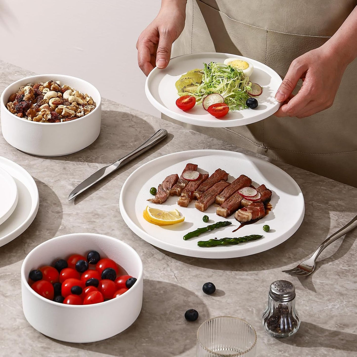 GZG Classic Series - Plates and Bowls Set for 8, 24 Piece Stoneware Dinnerware Sets, Microwave and Dishwasher Safe Lead-Free Handcrafted Ceramic Dishes Set - Ivory White