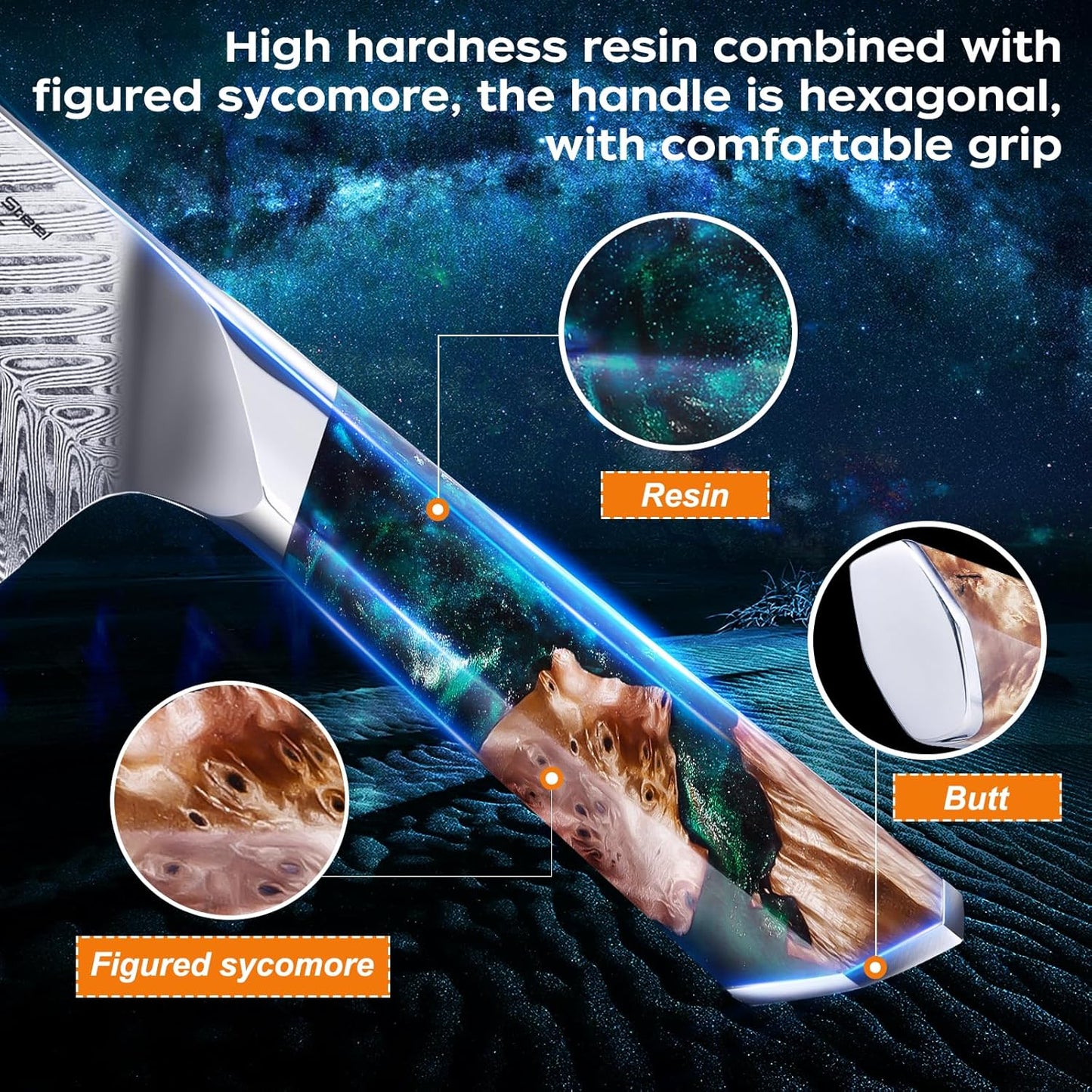 FINDKING Nebula Series Chef Knife with ABS Sheath, Multipurpose Japanese Gyuto Knife, 10Cr15CoMov Damascus Steel Blade, Resin and Figured Sycamore wood Handle, Full Tang, 8 Inch, Blue, for Meat