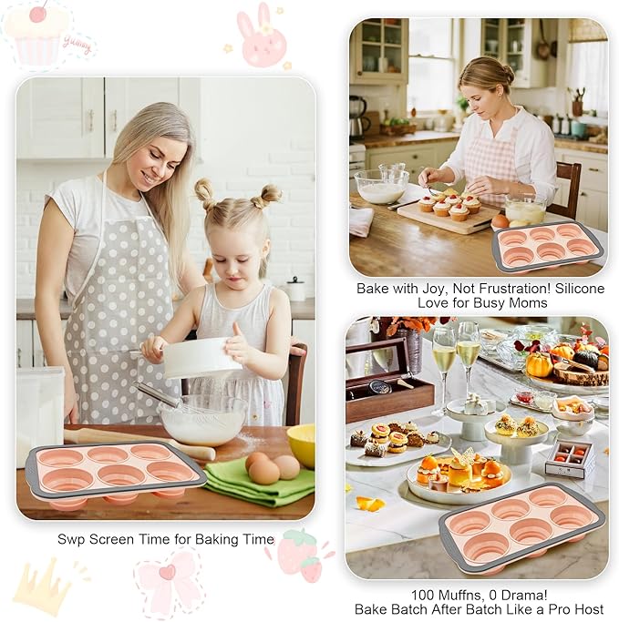 Silicone Muffin Pans for Baking with Metal Frame, 12 Cup Silicone Muffin Pan, Nonstick Cupcake Pan, BPA Free Muffin Tins Easy to Pop Cupcake Baking Pan Molds for Oven Dishwasher Safe Pink