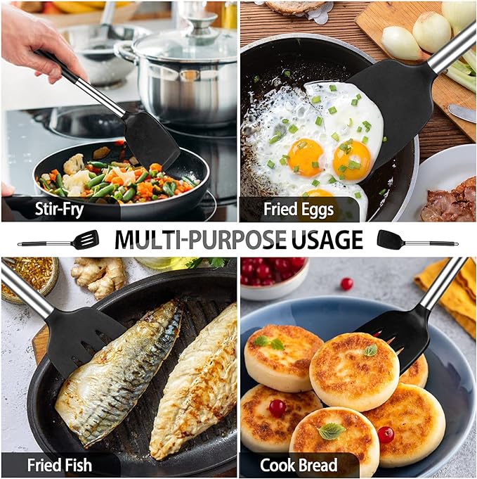 Pack of 4 Large Silicone Cooking Spatulas and Spoons, Slotted and Solid Stainless Steel Cooking Utensils Set, Non-stick Heat Resistant Kitchen for Baking, Fried, Stir-Fry, Mixing, Serving (Black)
