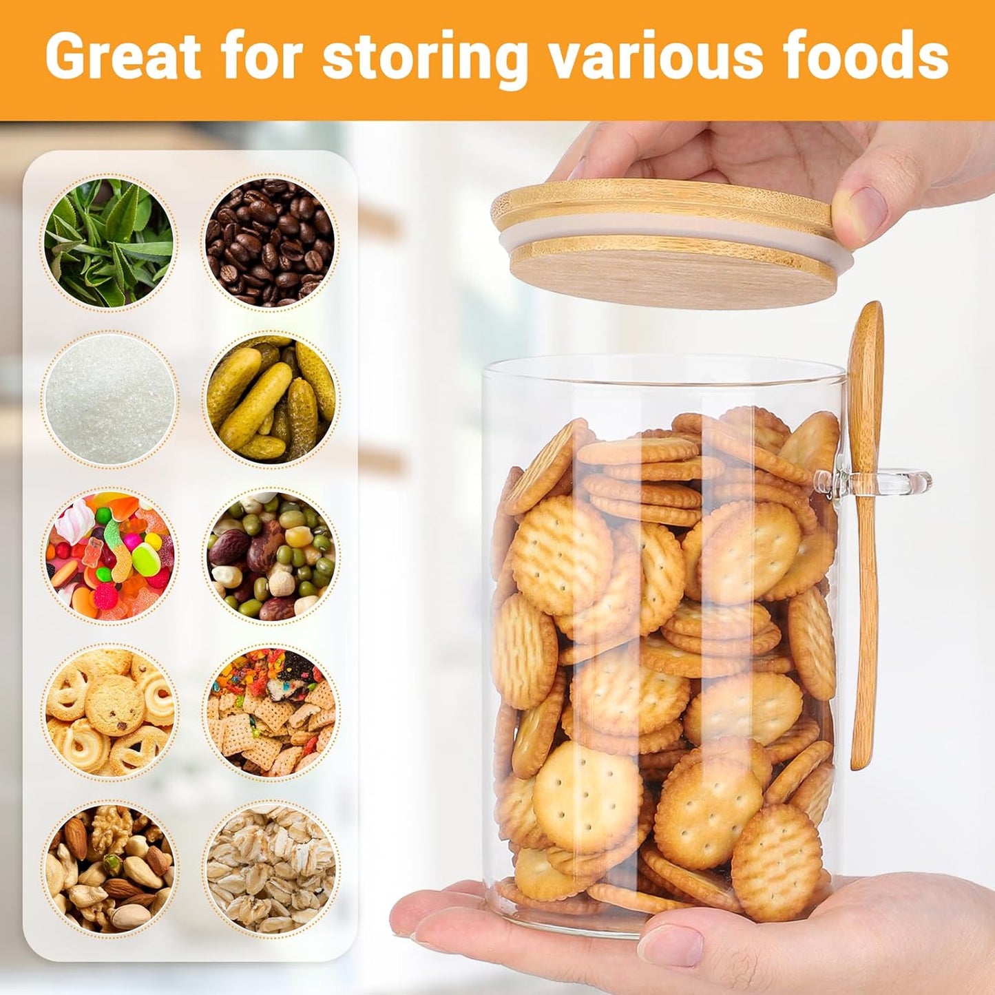 Glass Containers with Bamboo Lids and Spoon - 4 Pack 32 Fl.oz Round Glass Storage Jars Set, Includes Labels and Marker, Kitchen Pantry Container for Loose Leaf Tea, Sugar, Coffee, Cookie, Oats