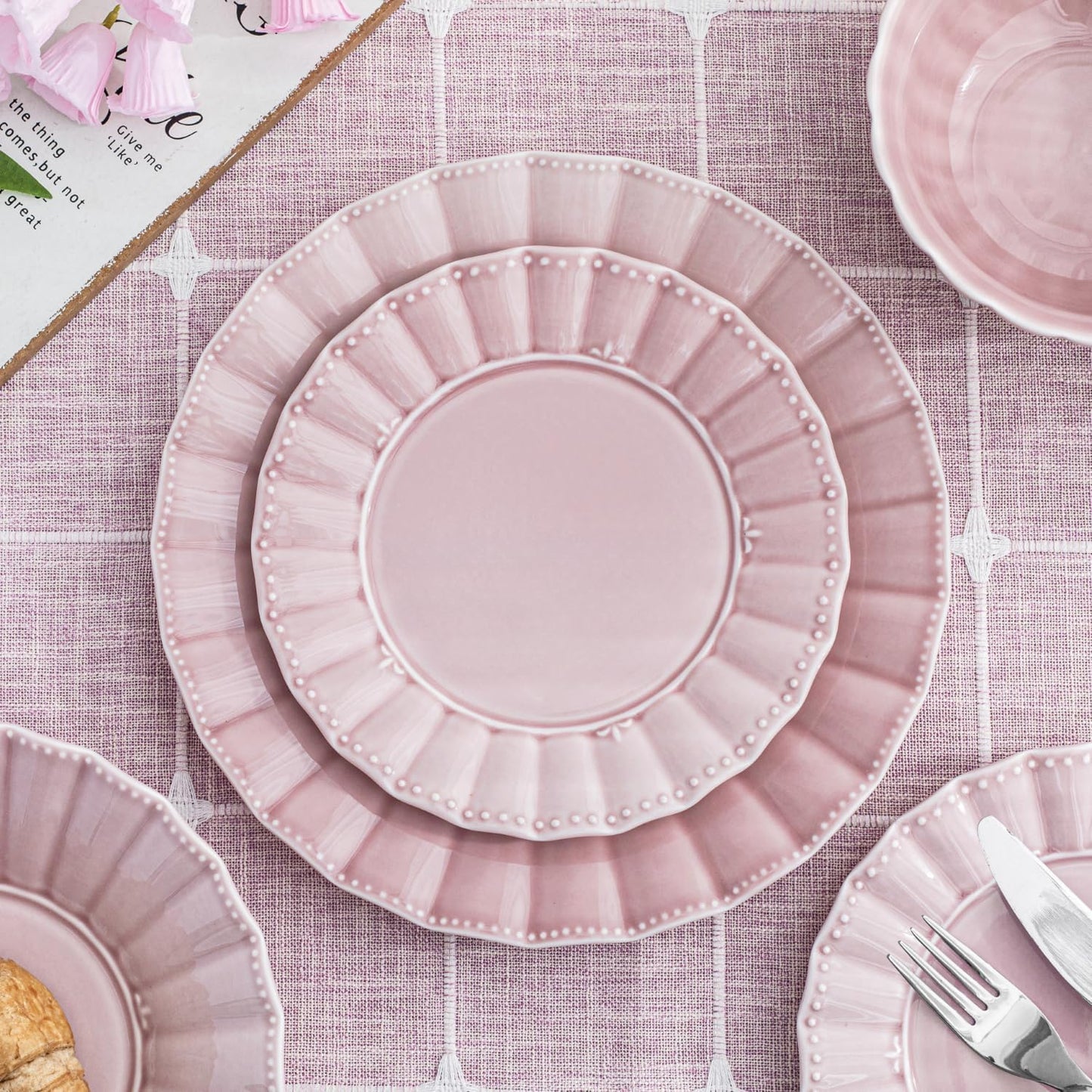 Plates and Bowls Sets for 4, 12 Piece Dinnerware Sets, Porcelain Plate Set, Microwave and Dishwasher Safe, Wedding kitchen & dining, Dreamy Sakura Pink