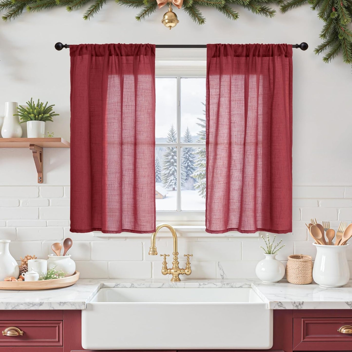 BGment Linen Burgundy Curtains 40 Inch Length for Kitchen Window, Small Semi Sheer Drapes for Cafe Over Sink Bathroom Lightweight Rod Pocket Christmas Party Decor, 2 Panels Set, Each 30 Inch Wide