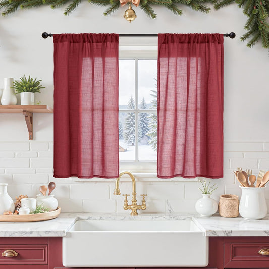 BGment Linen Burgundy Curtains 40 Inch Length for Kitchen Window, Small Semi Sheer Drapes for Cafe Over Sink Bathroom Lightweight Rod Pocket Christmas Party Decor, 2 Panels Set, Each 30 Inch Wide