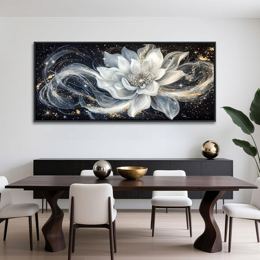 QZQCBLC Extra Large Wall Art, Black and White Lotus Modern Abstract Flower Pictures Gold Silver Canvas Framed Painting Artwork for Living room Bedroom kitchen Hallway Home Office Decor 32x71 IN
