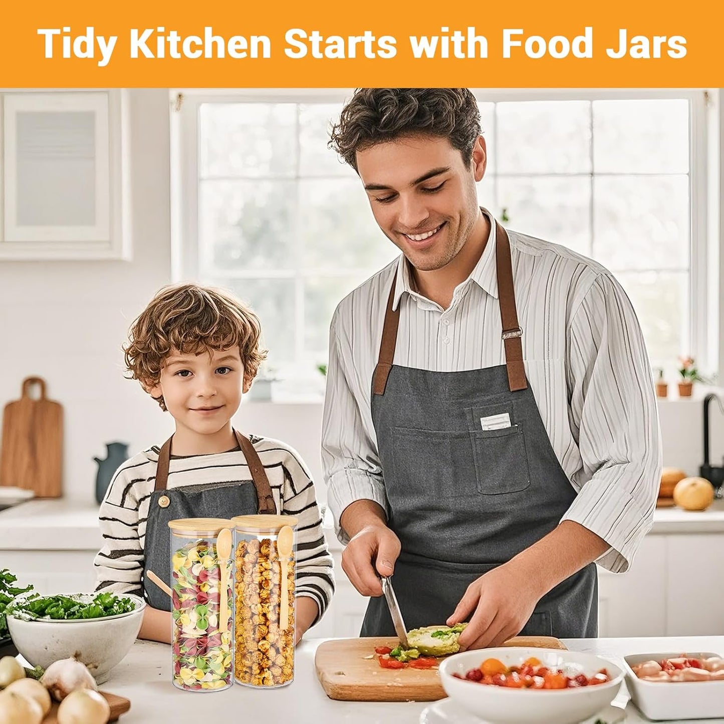 Glass Storage Jars with Lids - 2 Pack 54 Fl.oz Round Glass Pasta Containers with Airtight Bamboo Lids and Spoon, Includes Labels, Marker and Brush, Large Kitchen Jar for Cereal, Rice, Flour