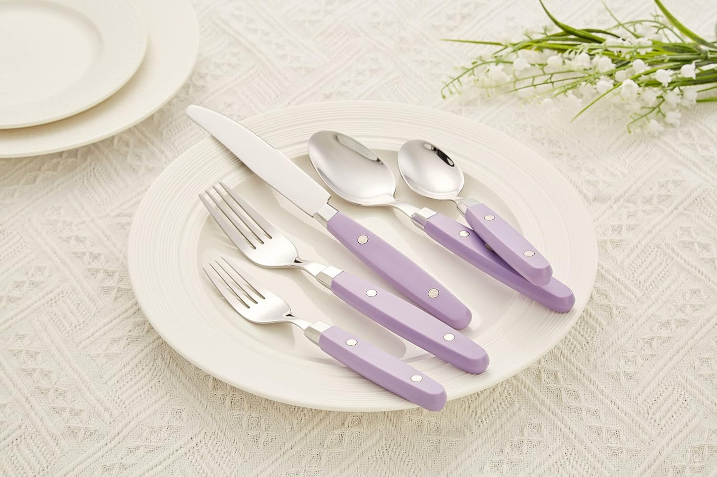 ANNOVA Silverware Set, Retro/Rivet Colorful Stainless Steel Tableware Kitchen Flatware Set Utensils, Includes Dinner Knives, Forks, Spoons, Salad Forks & Dessert Spoons (Lilac, 20 Pieces)