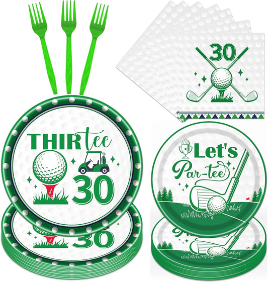 Rakuto Golf 30th Birthday Tableware Decorations for Him, Golf Theme Thirtee Birthday Party Plates Napkins and Forks, Disposable Paper Plates Supplies Decor Serves 24