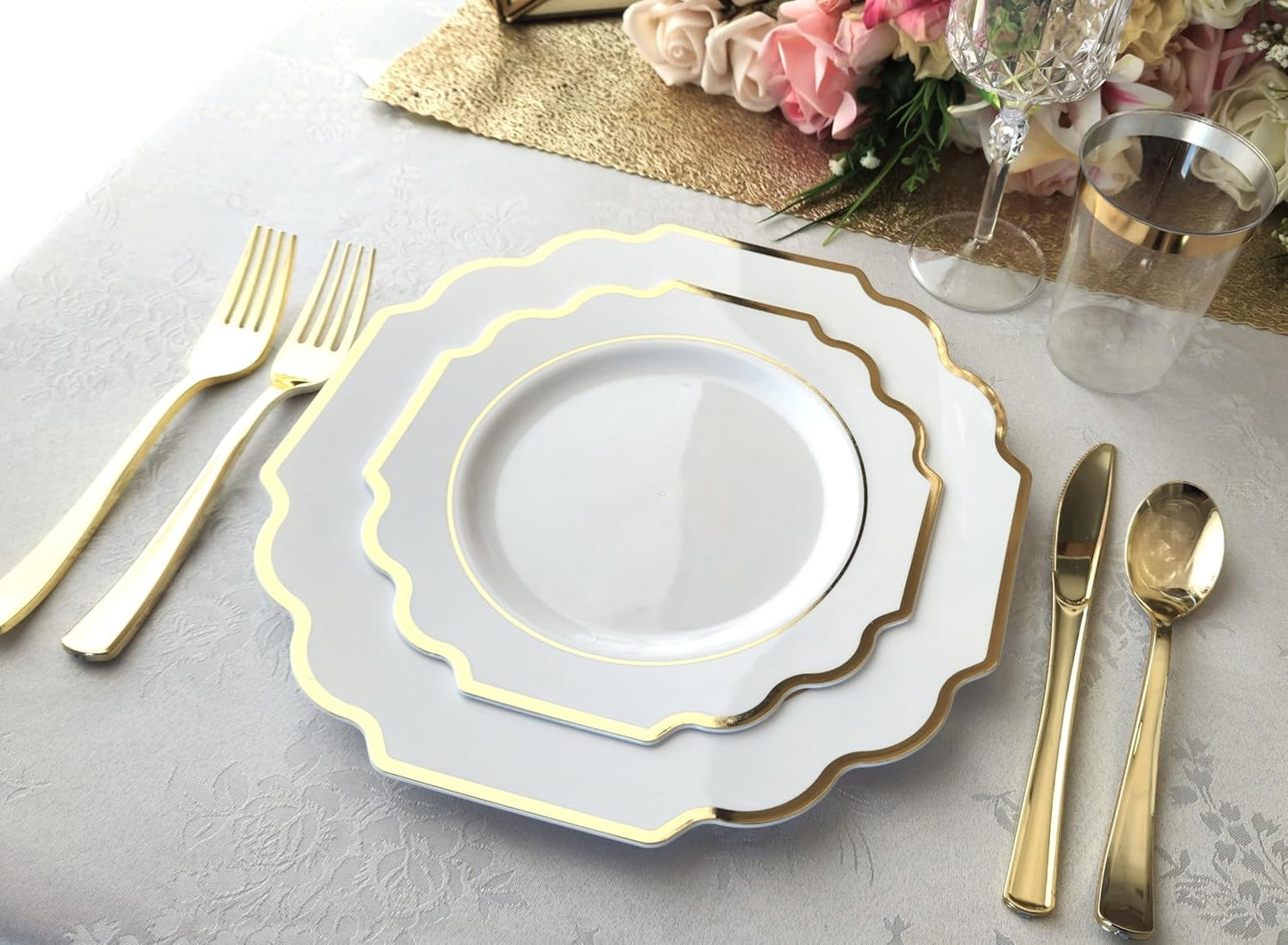 " OCCASIONS " 240 Plates Pack (120 Guests) Heavyweight Wedding Party Disposable Plastic Plates Set -120 x 10.5'' Dinner + 120 x 8'' Salad/Dessert Plate (Imperial White & Gold)