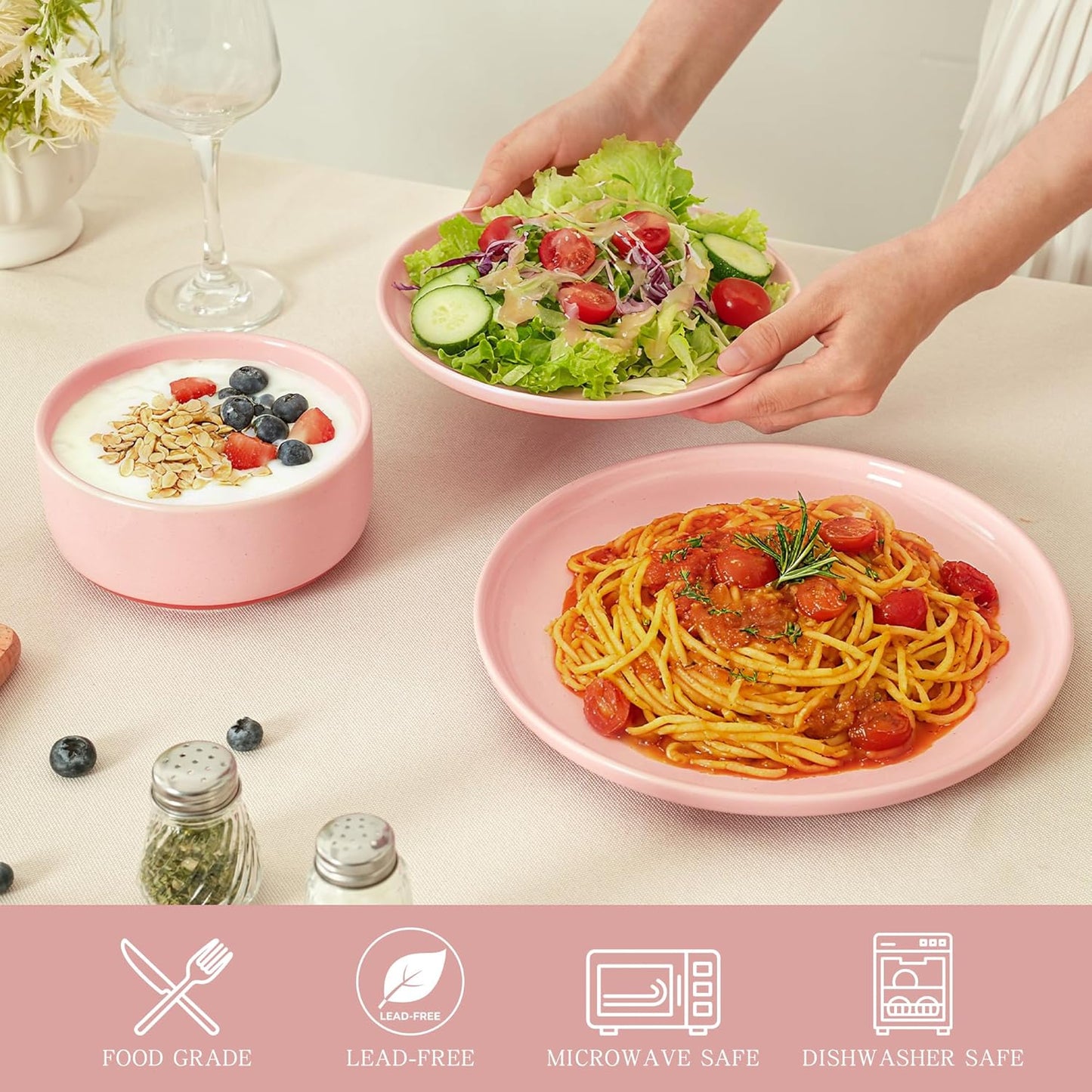 Stoneware Dinner Plates Set of 4, 10.25 Inch Plates for Steak, Pasta, Ceramic Plates Sets, Microwave Safe, Dishwasher Safe, Versatile for All Seasons, Pink
