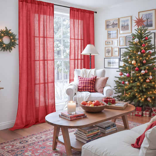 BGment Red Linen Curtains 84 Inch Length 2 Panels Set for Living Room, Window Drapes Lightweight Semi Sheer Textured for Farmhouse Bedroom Party Christmas Party Decor Rod Pocket, Each 42 Inch Wide