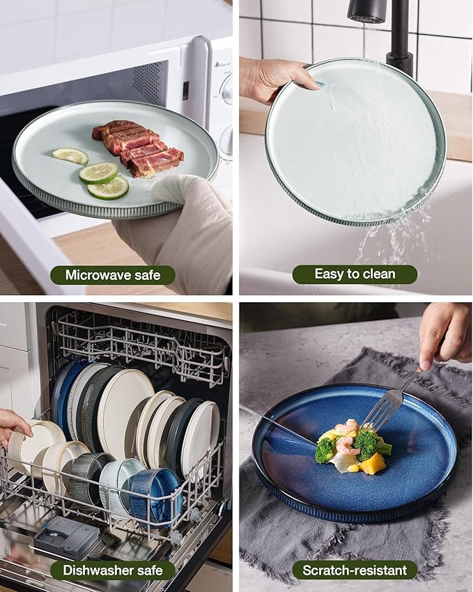 Famiware Star Dinnerware Set with Pasta Bowls, Service for 6 (24 Pieces), Ribbed Stoneware Plates and Double Bowls Sets - Chip & Scratch Resistant, Microwave & Dishwasher Safe Dishes, Smoky Blue