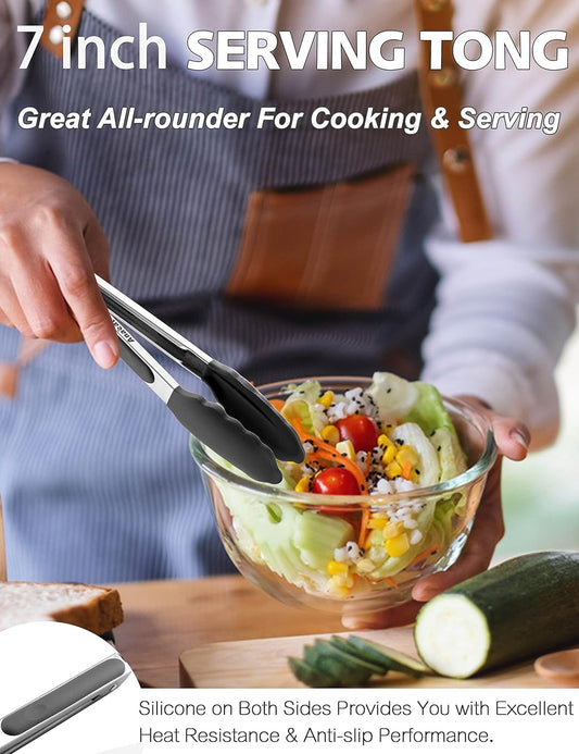 Anaeat Non-Stick Silicone Locking Tong - Stainless Steel 7" Mini Kitchen Food Tongs with Non-Slip Silicone Tips and Grip for Cooking, Baking and BBQ - Heat Resistant up to 480°F (Black)