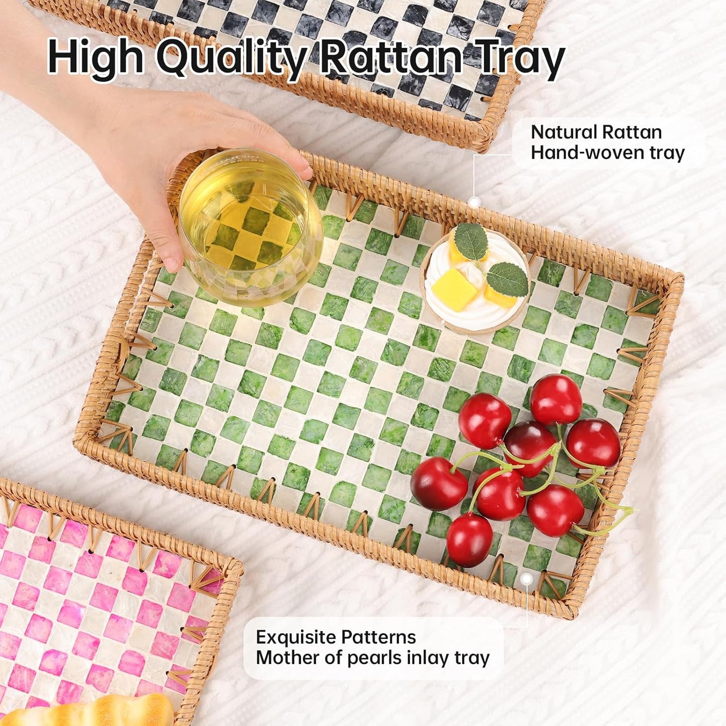 Rectangle Rattan Tray with Mother of Pearl Inlay, Rattan Serving Tray with Handle for Coffee, Bread, Fruits, Decorative Wicker Tray for Table Decor (Rectangle Green Checkerboard, 13"×9")