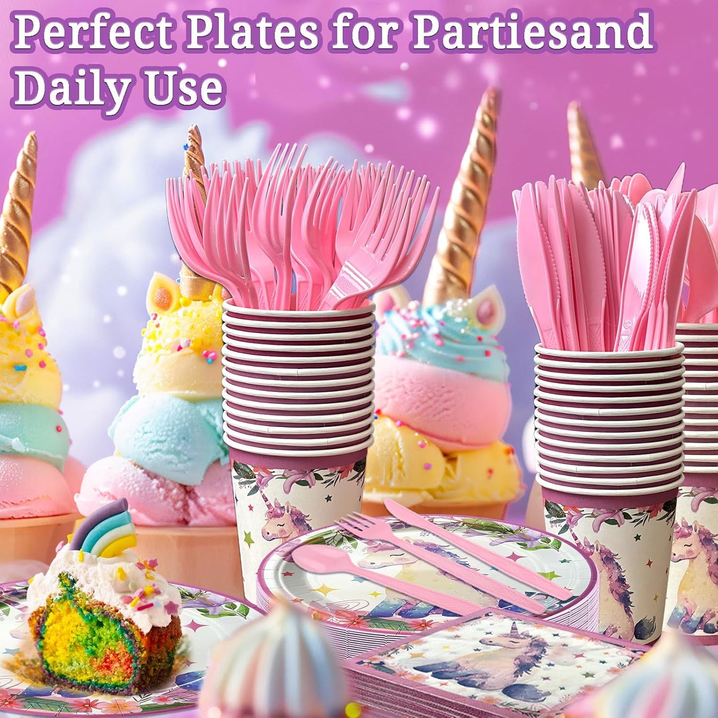 175 PCS Unicorn Birthday Plates and Napkins Sets Includes Disposable Plates Dessert Plates Napkins Cups Plastic Knives Forks Spoons Disposable Dinnerware Set For Unicorn Party (25 Guest)