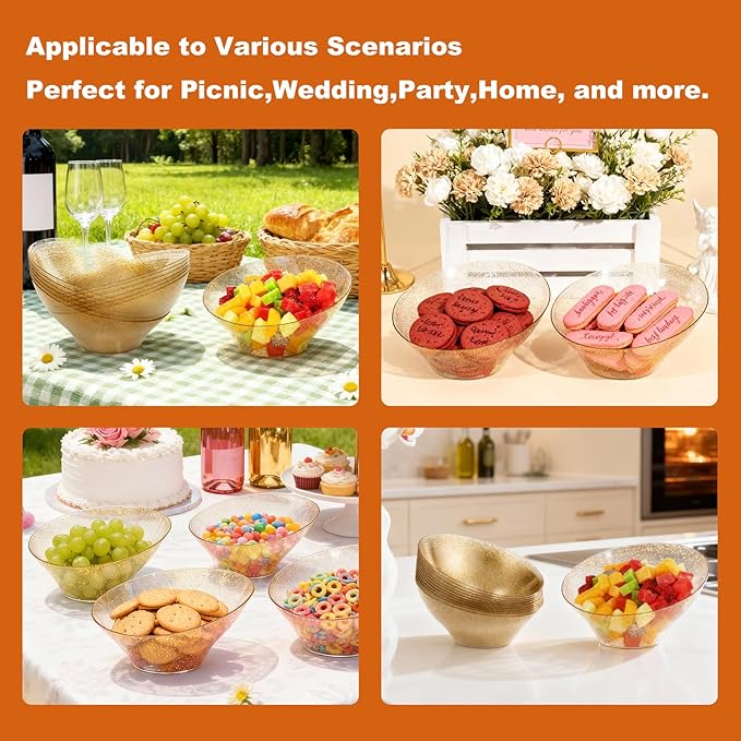 Goodluck 12 Pack Gold Glitter Plastic Serving Bowls for Party - 20 OZ Angled Disposable Serving Bowls for Wedding Party Chip, Candy, Salad & Fruit