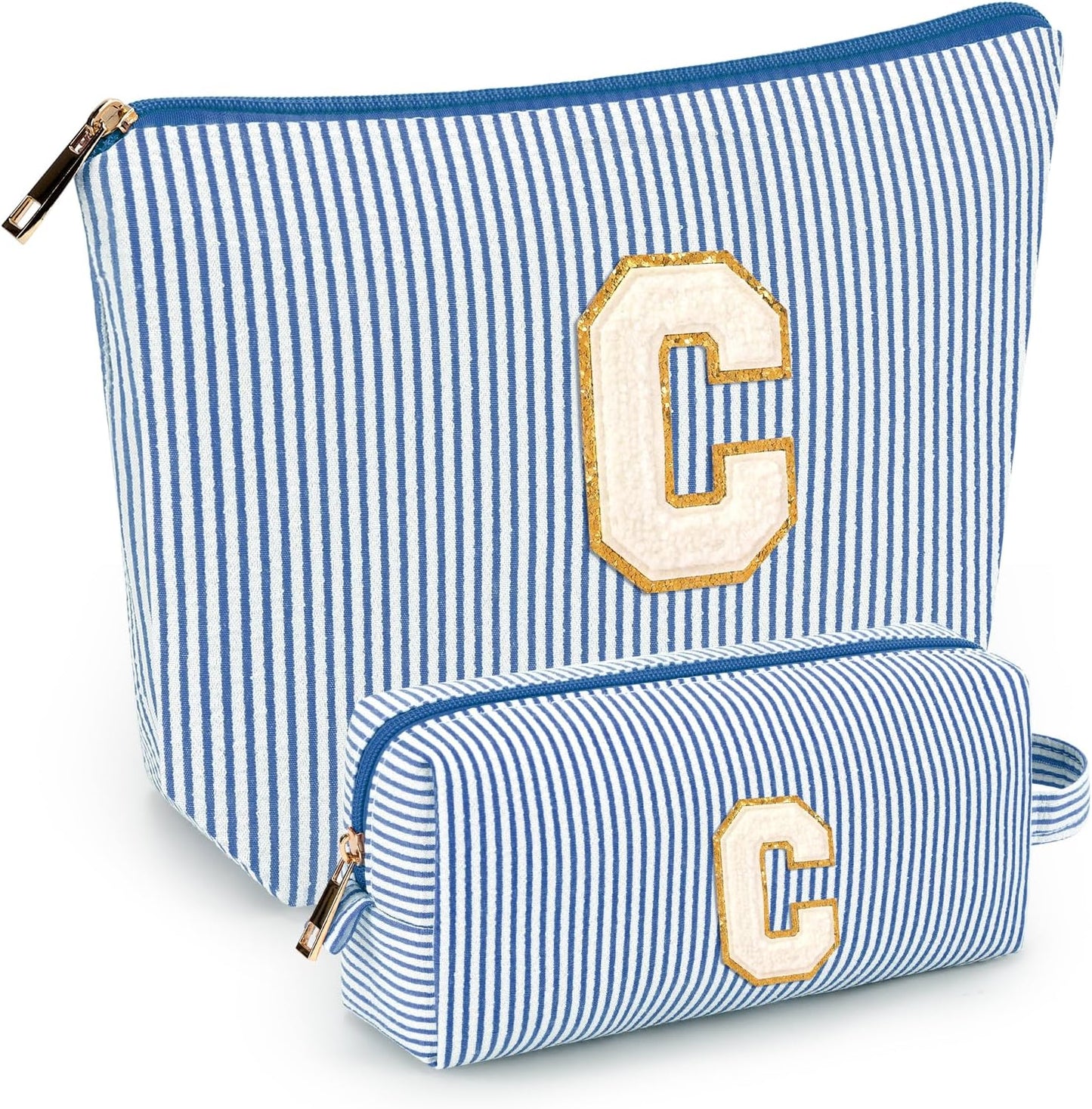 2 PCS Initial Makeup Bags for Women: Cosmetic Bag for Travel Toiletry - Birthday Gifts for 11 12 13 14 15 16 17 18 Years Old Girl Graduation Teacher Gift- Teen Girl Gifts Trendy Stuff - Blue C