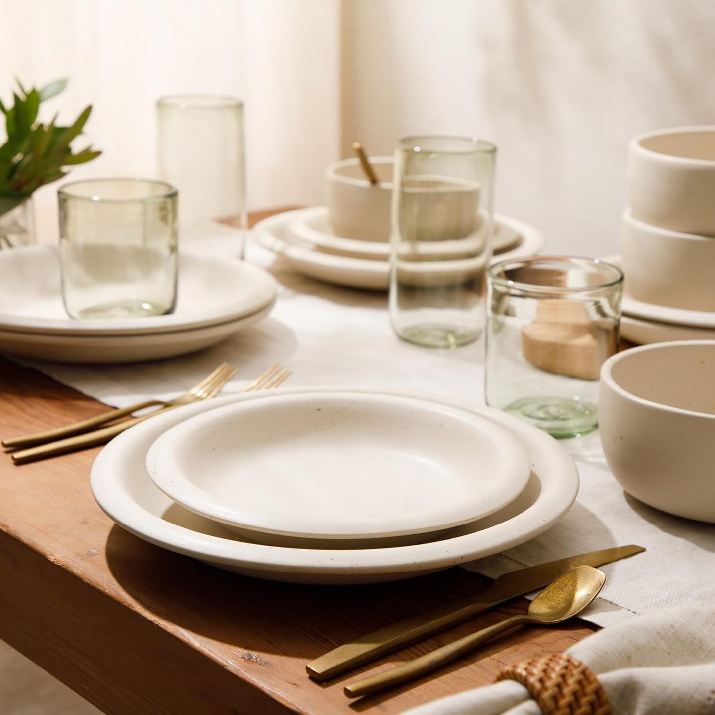 Bloomhouse Corsica Clay 12 Piece Stoneware Rustic Reactive Glaze Dinnerware Set - Stackable Plates and Bowls Set. Service for 4 - Matte Sea Salt White