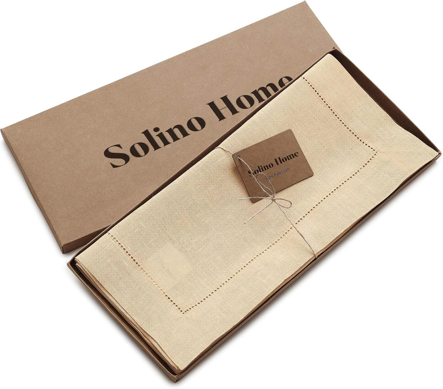 Solino Home Linen Hemstitch Table Runner 60 Inches - 100% Pure Linen Beige Table Runner 14 x 60 Inch Ideal for Dresser and Coffee Tables - Fall, Autumn, Thanksgiving, Christmas - Classic Hemstitch