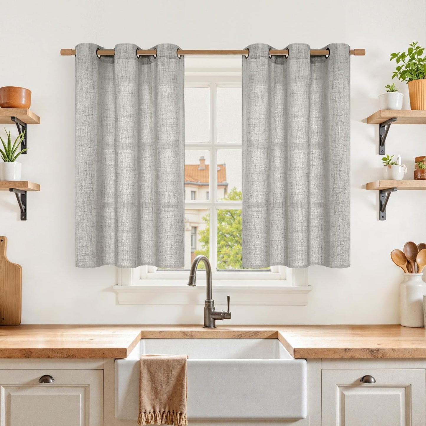 YoungsTex Short Linen Curtains 40 Inches Long for Kitchen Window Over Sink, Dark Grey Semi Sheer Drapes Light Filtering with Bronze Grommet Privacy for Bedroom Bathroom, 2 Panels, 42 X 40 Inch