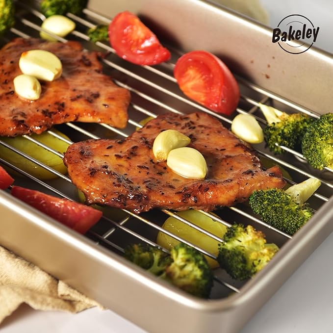 13-Inch Nonstick Roasting Baking Pan with Wire Rack(1Pan & 1Rack), Non-Stick Rectangular Deep Dish Oven-BBQ Bakeware for Oven Baking 13.78" x 9.84" x 2.36" (Champagne Gold)