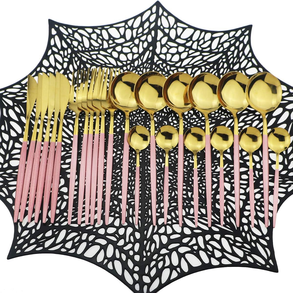 Shiny Silverware Sets, 24-Piece Elegant Cute Pink Handle Gold Cutlery set,304 Stainless Steel Silverware Set for Eating Home Kitchen Hotel Restaurant, Sets for 6 People, Dishwasher Safe