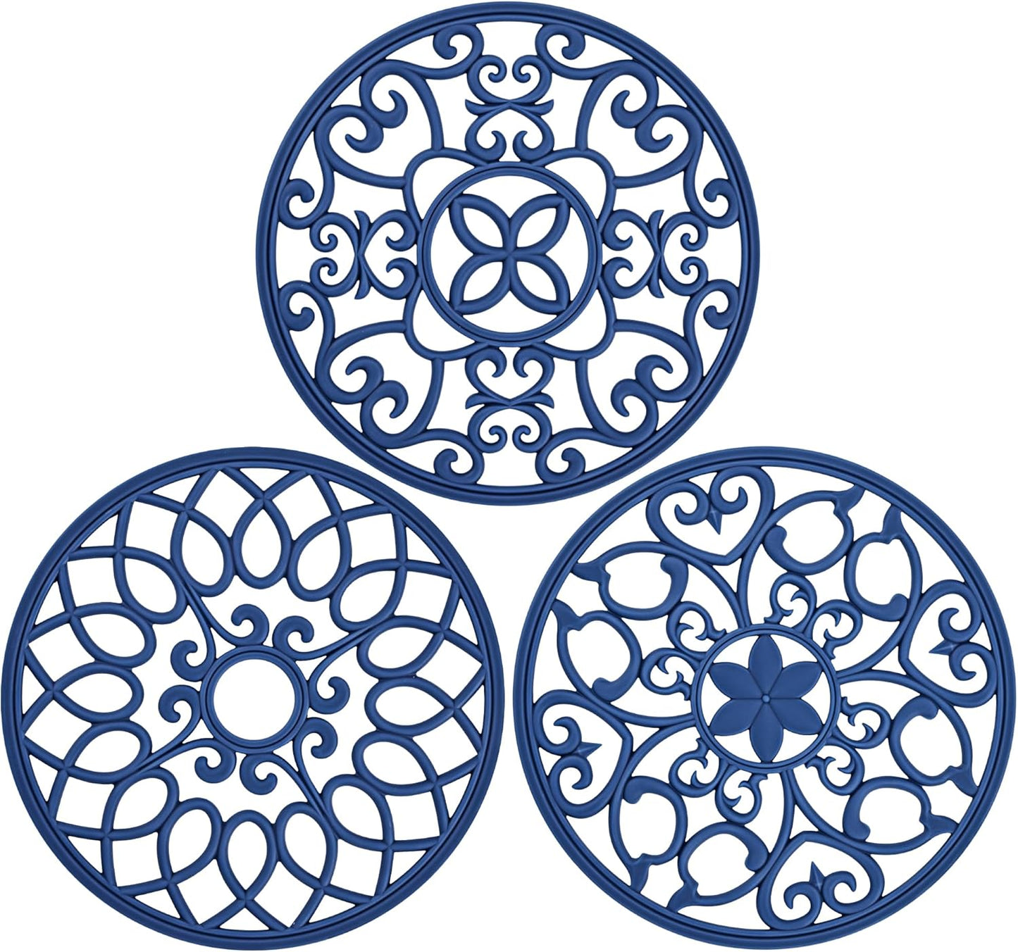 SMARTAKE 3 Set Silicone Trivet Mats, Multi-Use Carved Trivet Mat, Insulated Non-Slip Durable Kitchen Mats, Flexible Modern Kitchen Table Mat, for Hot Dishes, Pots, Dining Countertop, Navy Blue