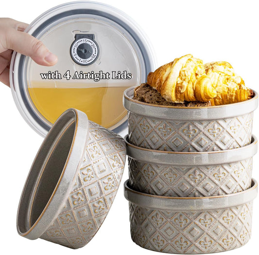 Ceramic Bowls with Lids set of 4, Soup Bowls, 28 oz Charcuterie Bowls Set for Kitchen, Food Storage Container Bowls Dishwasher & Microwave Safe for Salad, Pasta, Snack, Oatmeal, Fruit, Grey