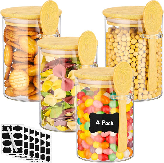 Glass Jars with Airtight Lid - 4 Pack 18 Fl.oz Round Glass Jar with Bamboo Lids and Spoon, Includes Labels and Marker, Coffee Sugar Containers for Spice, Oats, Candy, Cookies, Tea Canister