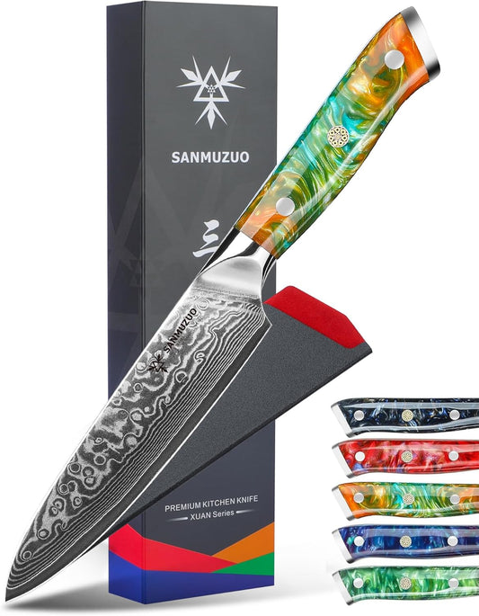 5 Inch Kitchen Utility Knife - Xuan Series Kitchen Knives - VG10 Damascus Steel with Resin Handle (Fantasy Orange)
