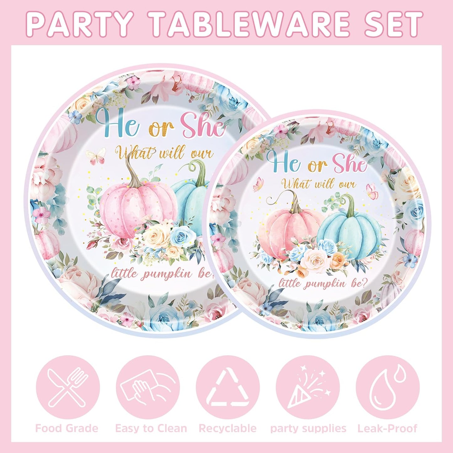 Fall Gender Reveal Decorations - 96 Pcs Pumpkin He or She Plates Napkins Forks Tableware Set, Pink Blue Paper Disposable Party Supplies Decor Kit for Baby Shower Boy or Girl Serve 24 Guests