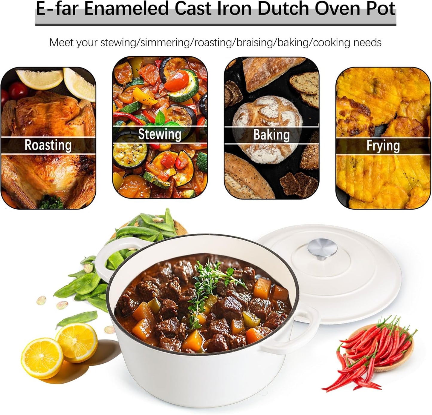 E-far Dutch Oven Pot with Lid, 5 Quart Enameled Cast Iron Round Dutch Oven Stockpot for Bread Baking/Braising/Cooking/Roasting/Stewing, Heavy Duty Nonstick Cookware Safe for Induction & Oven - White