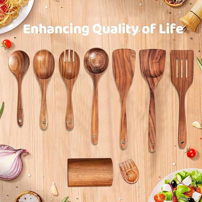 9 PCs Teak Wooden Utensil Set with Hooks, Wooden Spoons for Cooking, Wood Cooking Utensils Set, Comfort Grip, Non Stick Cookware, Easy to Clean, Kitchen Stuff, Wood Spatula