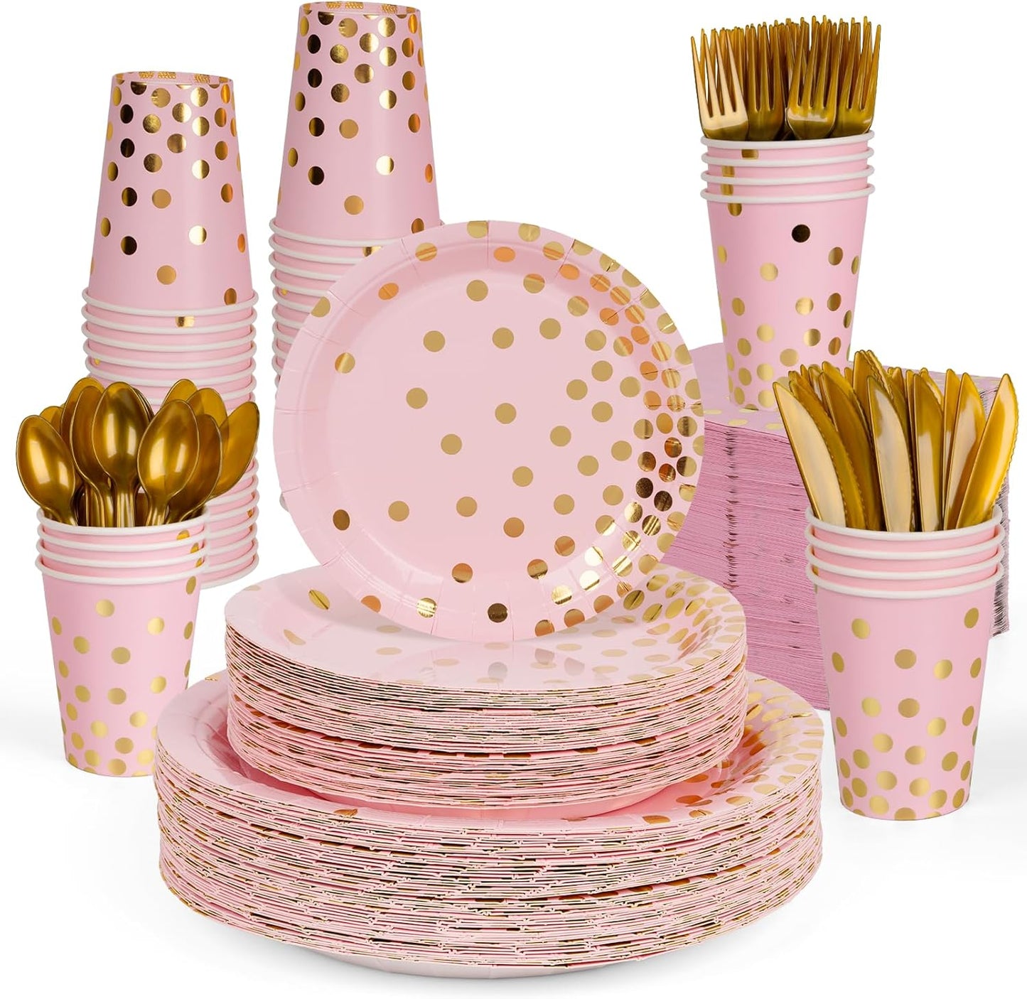 DECORLIFE 336PCS Pink and Gold Disposable Dinnerware Set Serves 48, Pink Paper Plates Napkins Cups, Gold Plastic Forks Spoons Knives for Wedding Baby Shower Princess Birthday Party Supplies