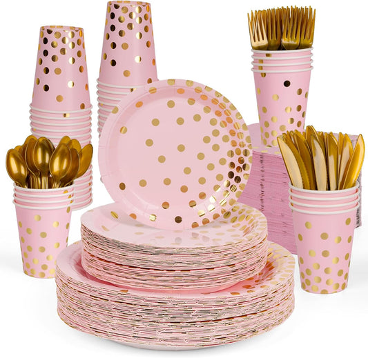 DECORLIFE 336PCS Pink and Gold Disposable Dinnerware Set Serves 48, Pink Paper Plates Napkins Cups, Gold Plastic Forks Spoons Knives for Wedding Baby Shower Princess Birthday Party Supplies