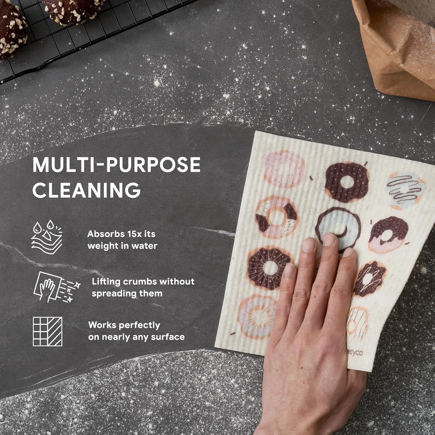 RECYCO Swedish Dishcloths for Kitchen | 6 Pack Sugar Rush Washable Dish Rags | Cellulose Reusable Cleaning Paper Towels | Absorbent Counter Dish Cloth Sponge Kitchen Wipes, 8" L x 7" W