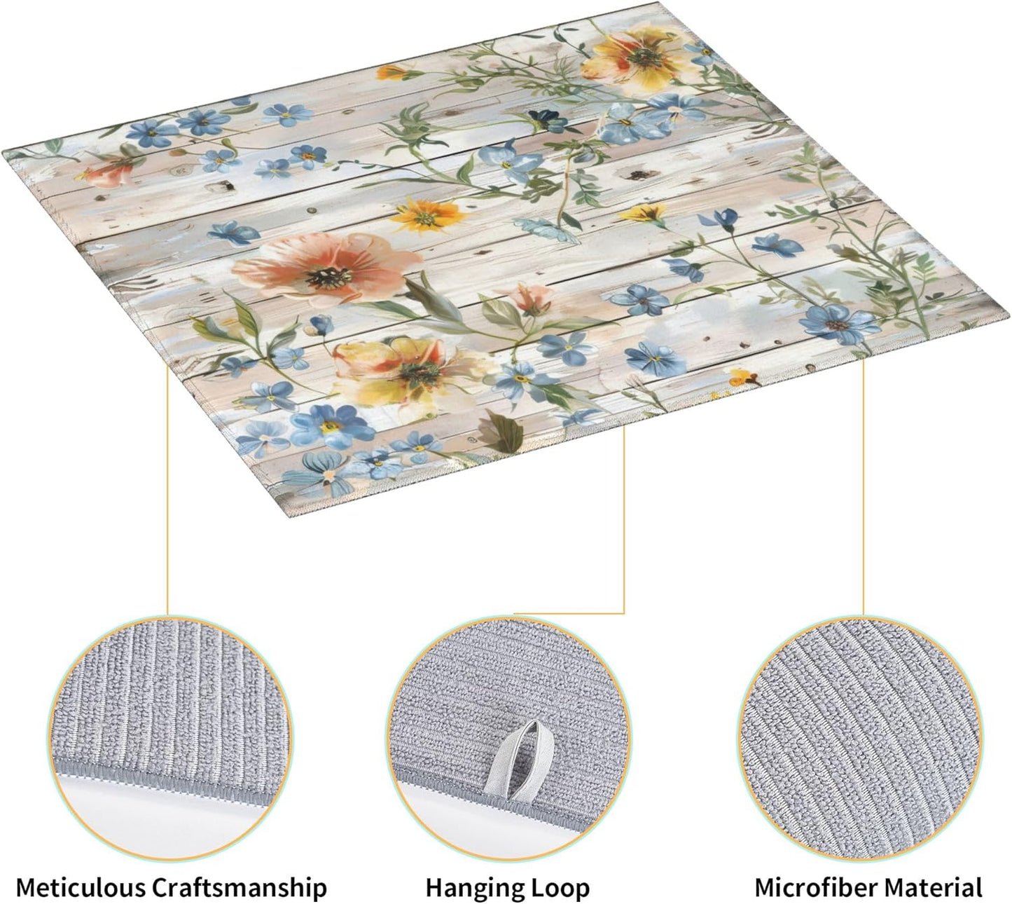 Flowers on Wooden Board Dish Drying Mat 16x18 Inch, Microfiber Absorbent Fast Dry Mat Floral Large Dish Mat Drying Kitchen Mat, Kitchen Drying Pad for Kitchen Counter Coffee Bar Decor Gifts