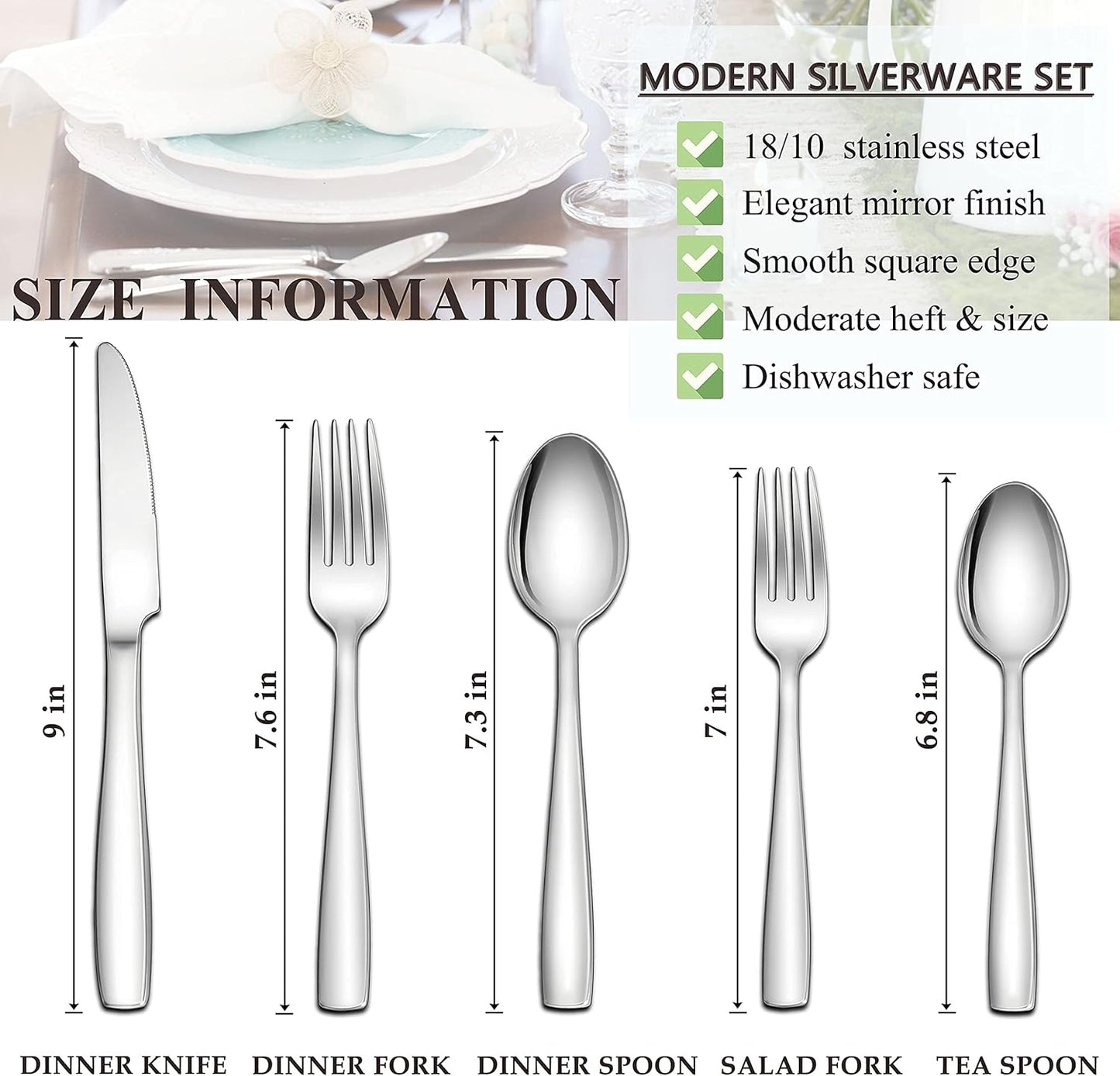 Herogo 18/10 Stainless Steel Silverware Set, 40-Piece Fancy Flatware Cutlery Set for 8, Modern Eating Utensils Tableware for Home Restaurant Wedding, Mirror Polished, Dishwasher Safe