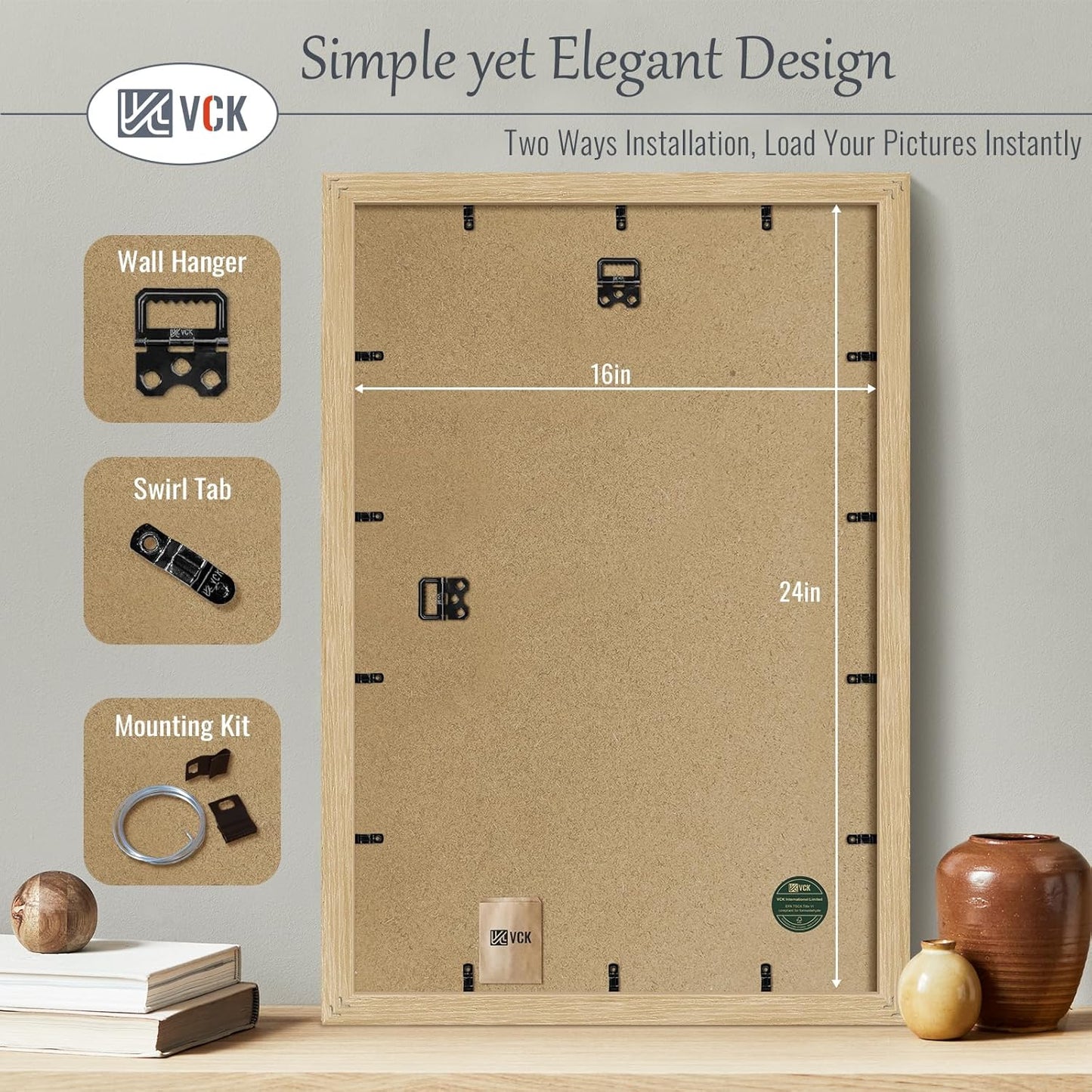 VCK 16x24 Oak Wood Frame for Poster & Picture, Natural Solid Wood Photo Frames 5 Pack, Wall Gallery Frame